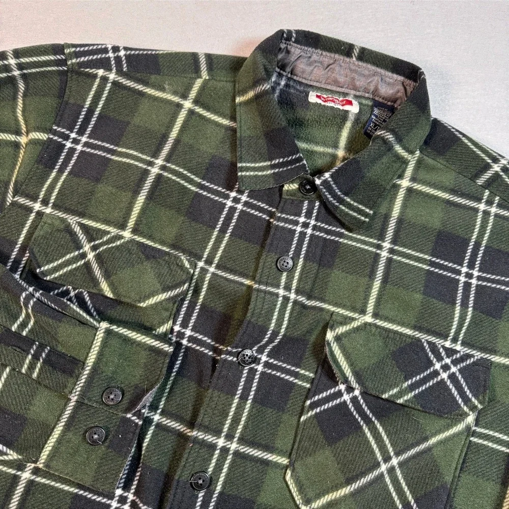 Wrangler Flannel Shirt Mens XL Green Plaid‎ Fleece Lined Shacket Button Up